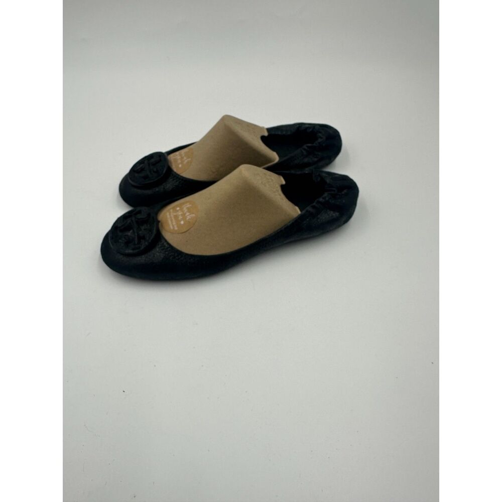 Tory Burch Ballet Flats Reva Black Leather Pebble Medallion Logo Sz 8*